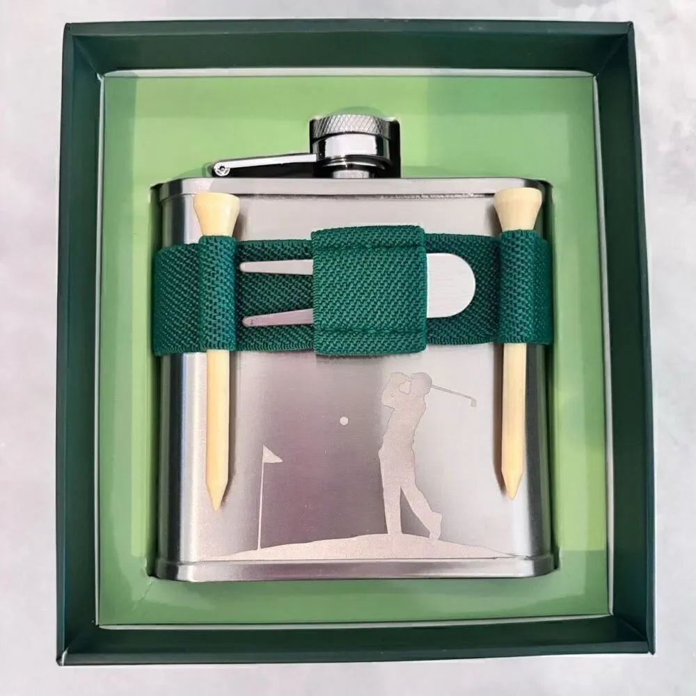 NWT Kikkerland Stainless Steel Golf Flask With Divot Tool Silver 6oz